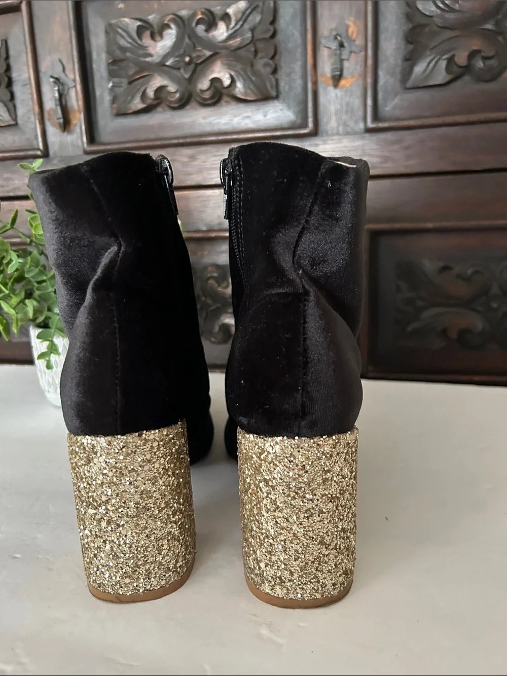 Betsey Johnson Black Velvet Ankle Boots with Gold Glitter Block Heel